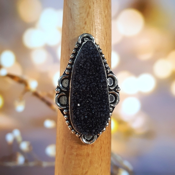 Black Titanium Druzy Gemstone Sterling Silver Plated Ring Size 9 - Picture 1 of 8